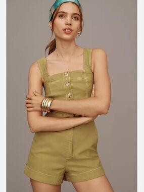 Anthropologie Maeve The Collette The Portside Button-Front Olive Green Romper
